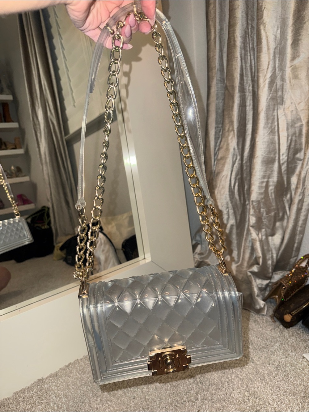 Amazon Clear Quilted Shoulder Bag with Gold Hardware